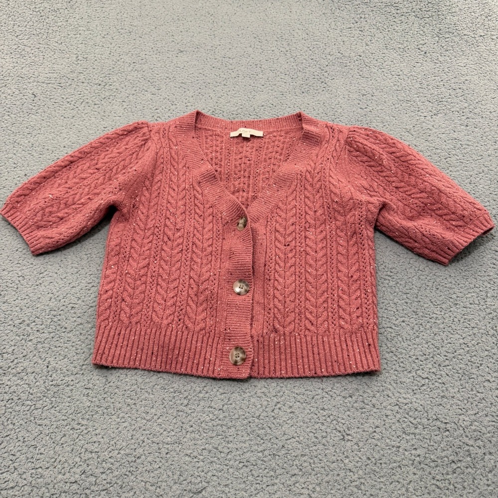 Loft Cardigan Sweater Womens Size M Pink Cable Knit Puff Short Sleeve Flecked